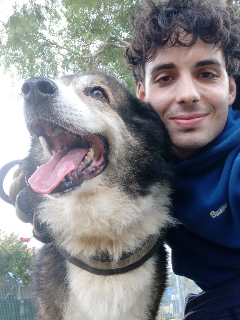 White and brown doggie named Iasonas taking a selfie with a black haired male vonunteer