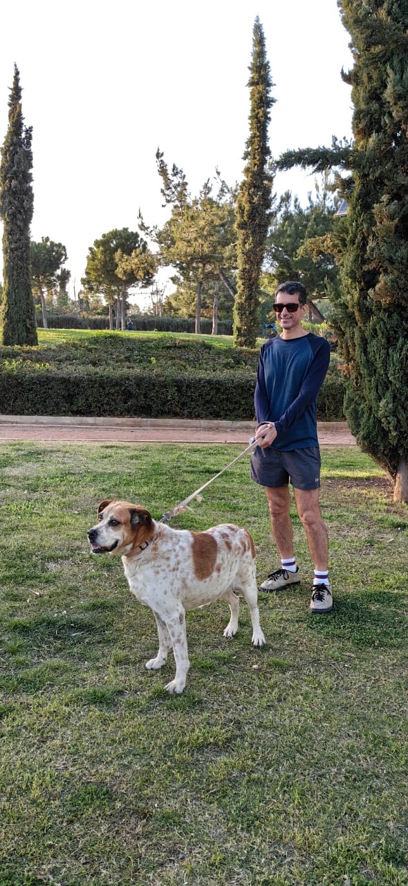 Brown and white medium sized doggie named Soragia standing next to a male volunteer on a blue t-shirt during one of her morning walks